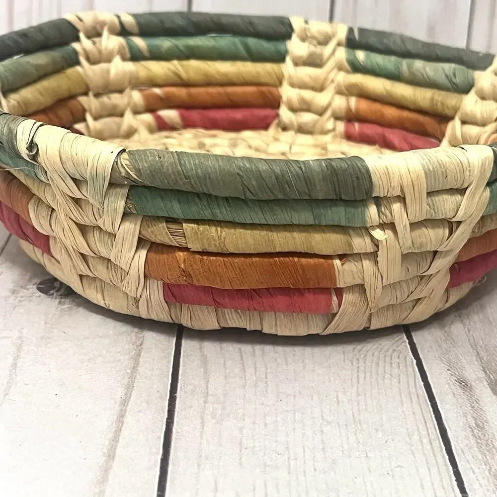 Vintage Handwoven Boho Colorful Straw Corn Husk Basket Rustic Farmhouse Decor